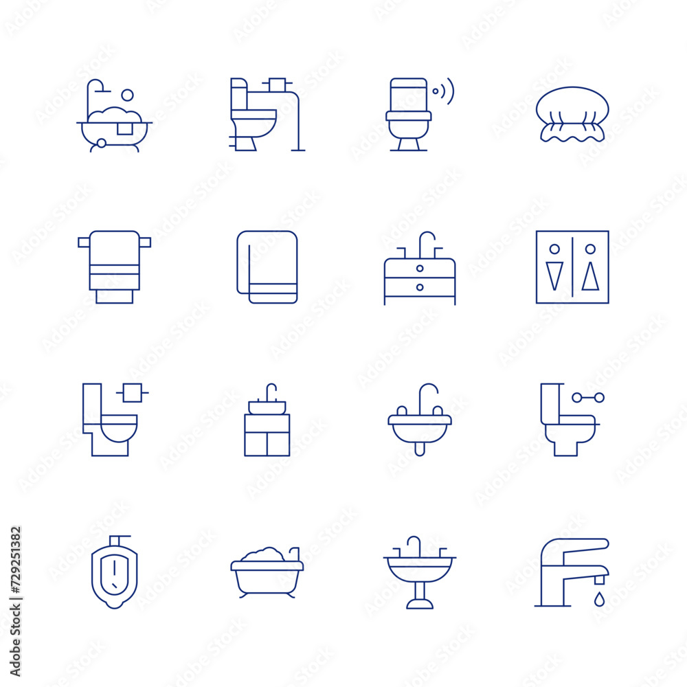 Bathroom line icon set on transparent background with editable stroke. Containing bathtub, towel, toilet, urinal, sink, showercap, wc, savewater.