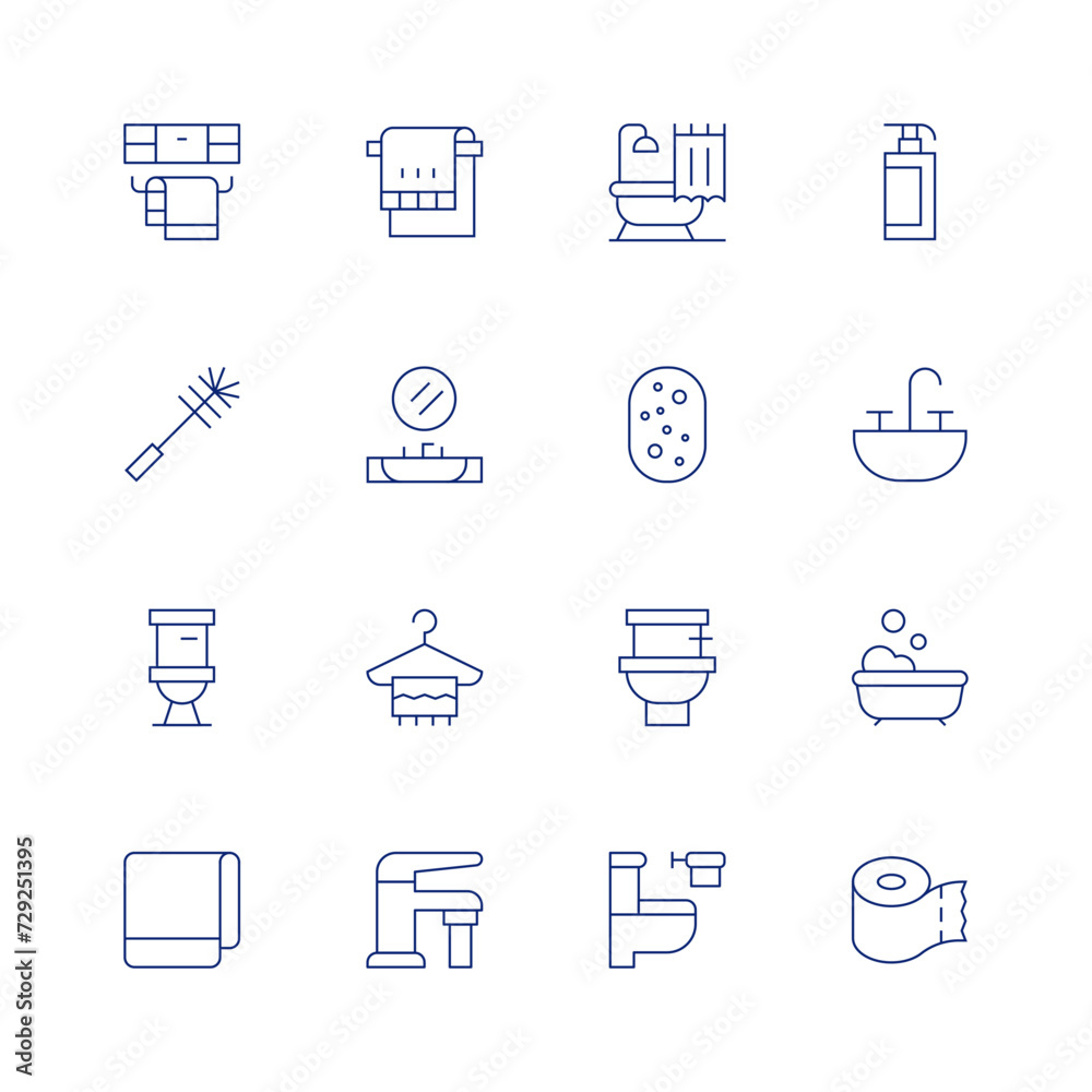 Bathroom line icon set on transparent background with editable stroke. Containing towelrail, wc, toilet, towel, mirror, hanger, watertap, bathtub, sponge, shampoo, sink, toiletpaper.