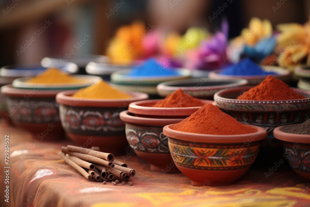 An array of richly colored spices displayed in ornate bowls, with cinnamon sticks resting on a patterned fabric, capturing the essence of a vibrant spice market