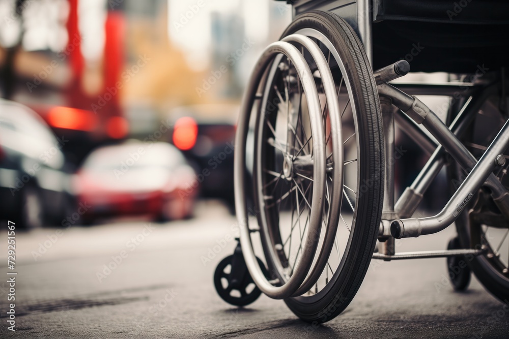 The image features a detailed perspective of a wheelchair on a bustling city street, highlighting the importance of urban accessibility and mobility for all individuals The image features a detailed perspective of a wheelchair on a bustling city street, highlighting the importance of urban accessibility and mobility for all individuals