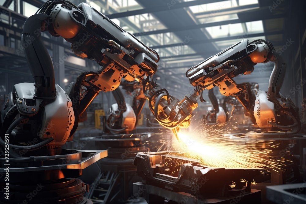 A dynamic scene within an industrial setting where multiple robotic arms are engaged in precision welding tasks, with sparks flying as they work on metal components A dynamic scene within an industrial setting where multiple robotic arms are engaged in precision welding tasks, with sparks flying as they work on metal components
