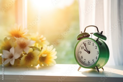 A green alarm clock on a windowsill captures the essence of a fresh morning, complemented by soft sunlight and a bouquet of daisies