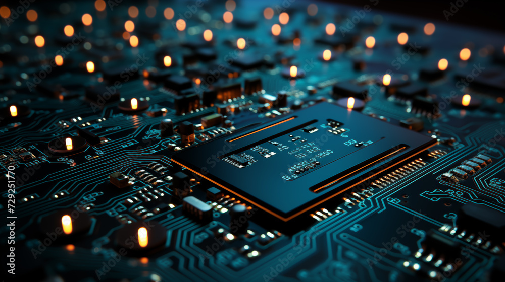 Obraz premium Electronic circuit board close up. Circuit board background. CPU chip on Motherboard. Abstract 3D render of a processor computer chip on a cicuit board with microchips and other computer parts. 