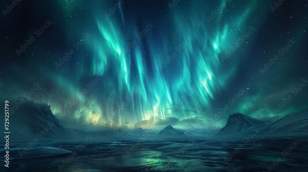 Hypnotic aurora borealis event backdrop, shimmering northern lights, and celestial beauty, creating a mesmerizing and ethereal setting Generative AI