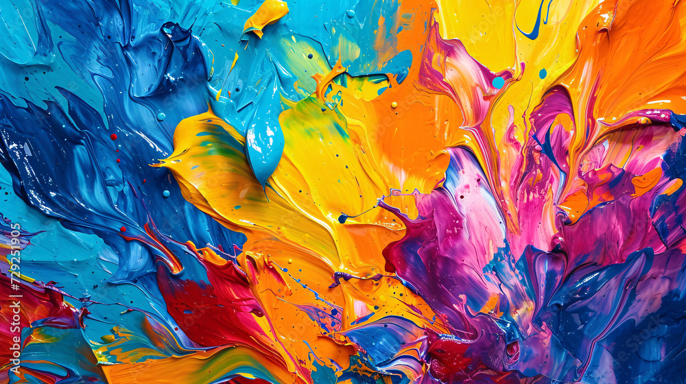 This canvas is a dynamic display of explosive acrylic color swirls, with vivid blues, yellows, and pinks in a fluid art composition.