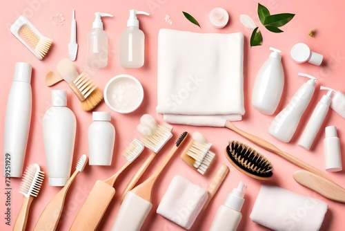 Set of eco cosmetics products and tools for shower or Bamboo toothbrush, natural brush, white bottles, towel accessories for body, face and teeth care on pink background. Top view Flat lay