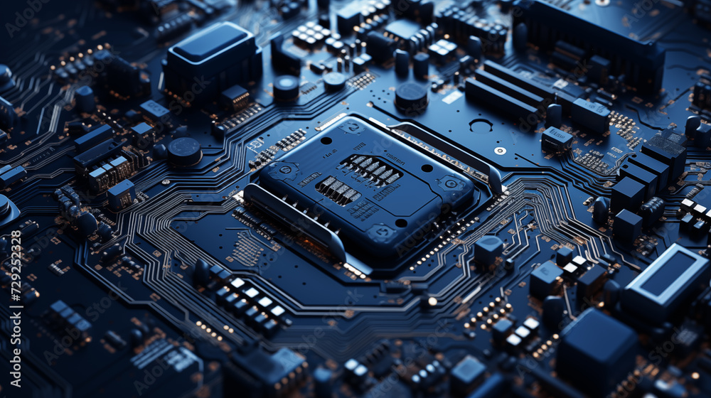 Electronic circuit board close up. CPU chip on Motherboard. Abstract 3D render of a processor computer chip on a cicuit board with microchips and other computer parts.