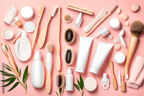 Set of eco cosmetics products and tools for shower or Bamboo toothbrush, natural brush, white bottles, towel accessories for body, face and teeth care on pink background. Top view Flat lay