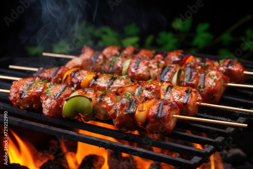 Appetizing, Succulent and delicious grilled meat skewers on the bbq rack.