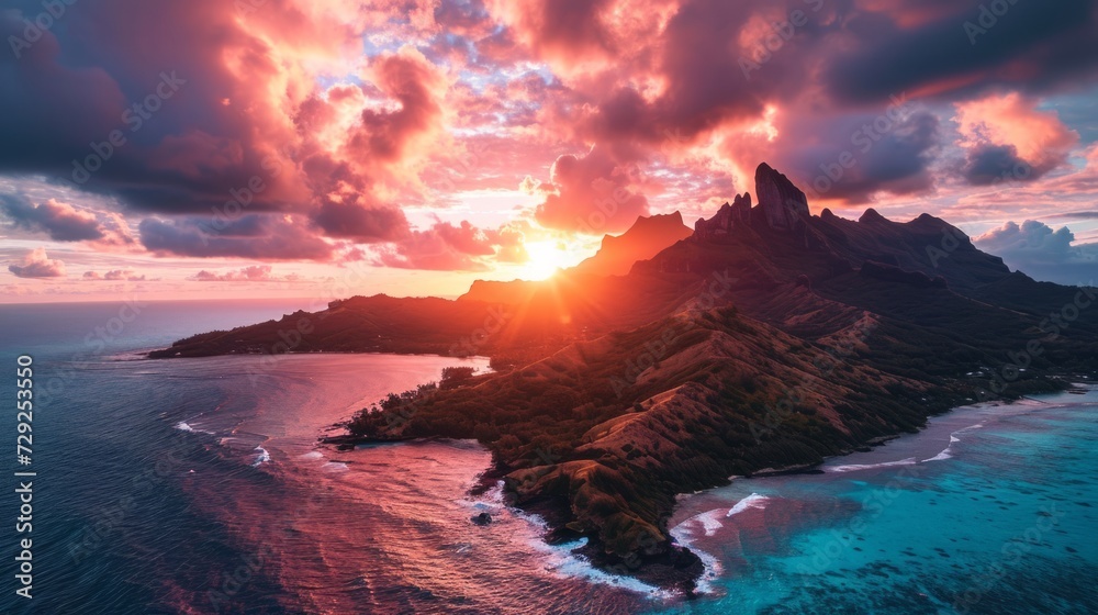 Island silhouette, drone's vantage, fading sunlight, coastal charm, detailed and vivid sunset in French Polynesia Generative AI