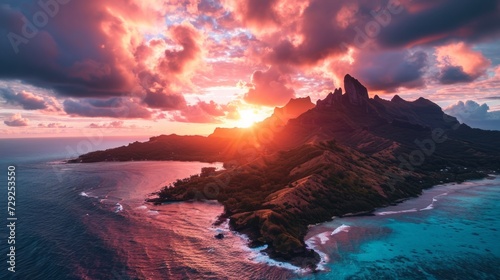 Island silhouette, drone's vantage, fading sunlight, coastal charm, detailed and vivid sunset in French Polynesia Generative AI
