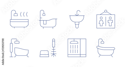 Bathroom icons. Editable stroke. Containing bathtub, toiletbrush, sink, shower, bathroom.
