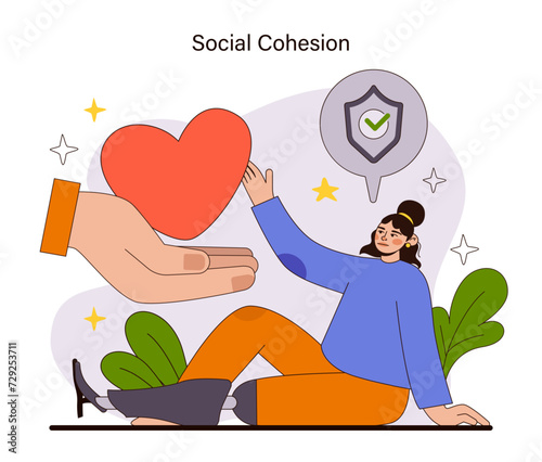 Social Cohesion concept. A nurturing hand offers a heart, symbolizing community support and trust. Illustration of collective care and the bonds that unite society. Flat vector illustration.