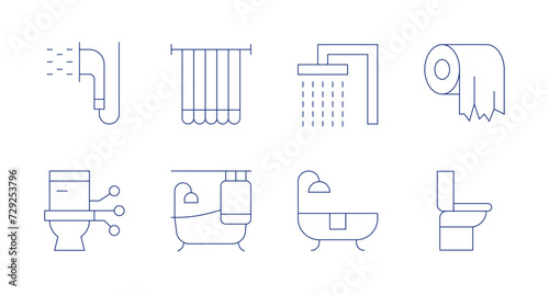 Bathroom icons. Editable stroke. Containing shower, toilet, showercurtains, bathtub, bath, toiletpaper, wc.