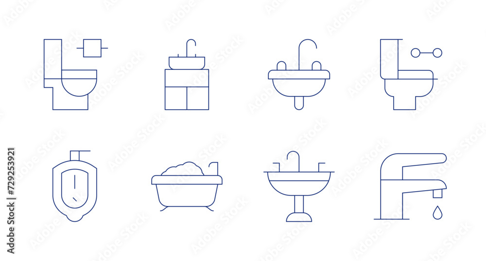 Bathroom icons. Editable stroke. Containing toilet, urinal, sink, bathtub, savewater.