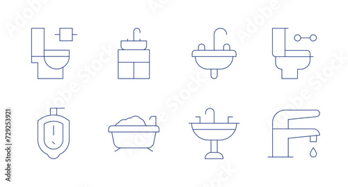 Bathroom icons. Editable stroke. Containing toilet, urinal, sink, bathtub, savewater.