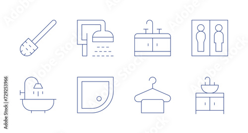 Bathroom icons. Editable stroke. Containing toiletbrush, shower, showerhead, sink, towel, toilets.