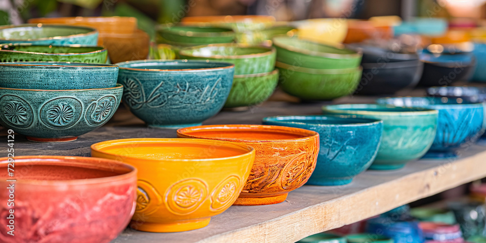 Vibrant market displaying a variety of colorful bowls with tropical scents. generative AI
