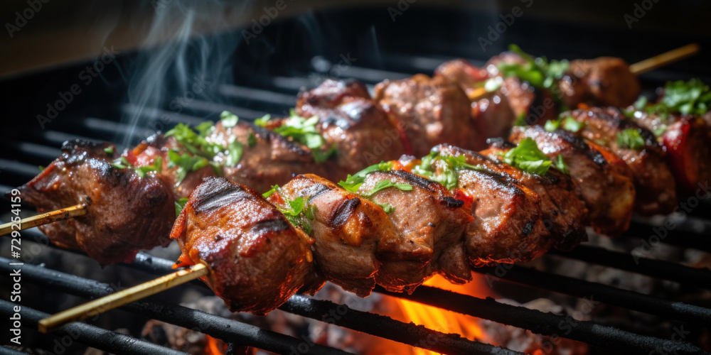 Appetizing, Succulent and delicious grilled meat skewers on the bbq rack.