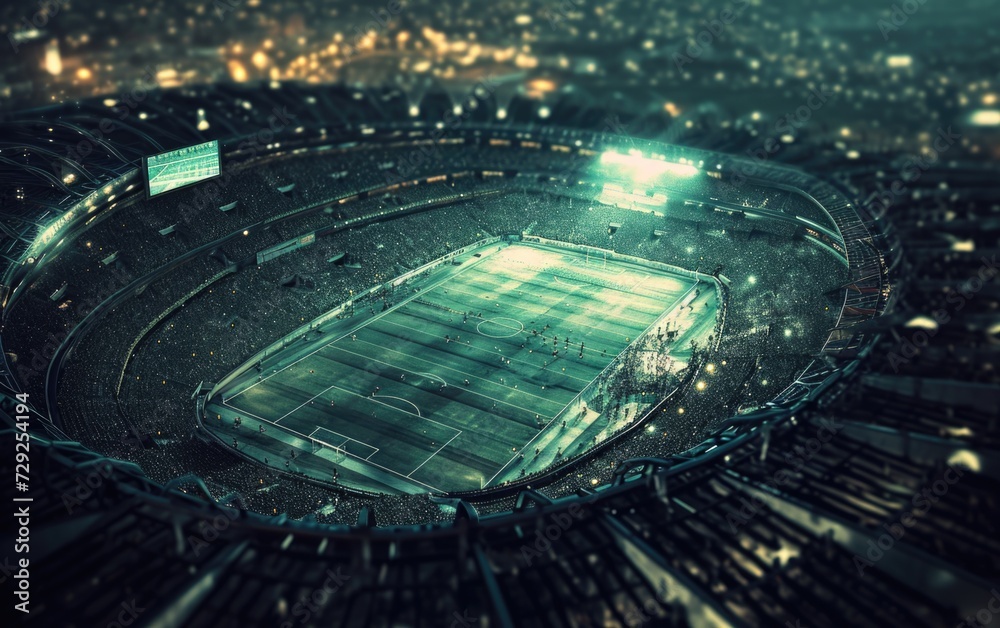 Aerial View of a Soccer Stadium at Night