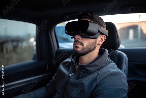 Modern man young adult using vision reality headset in taxi ow while driving car, Virtual and Augmented, Watching Video in daily life with virtual digital gadget goggles. Adult wearing VR headset.