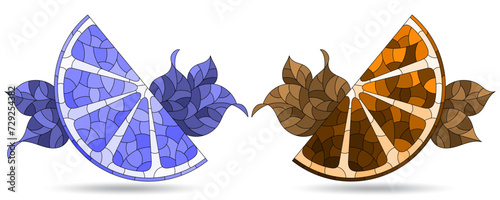 A set of illustrations in the style of stained glass with orange slices, fruit isolated on a white background, tone blue and brown