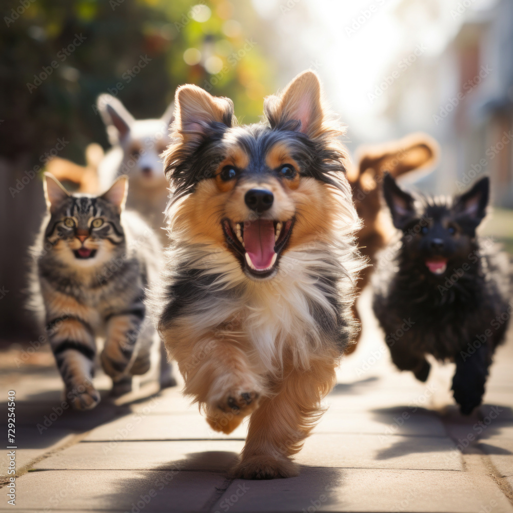 Cute funny dog and cat group jumps and running and happily. Cute funny dog and cat group jumps and running and happily.