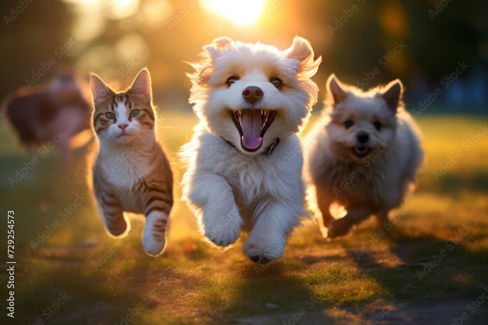 Cute funny dog and cat group jumps and running and happily. Cute funny dog and cat group jumps and running and happily.