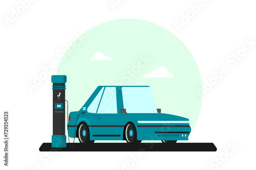 Flat vector illustration of electric car charging at the charger station.