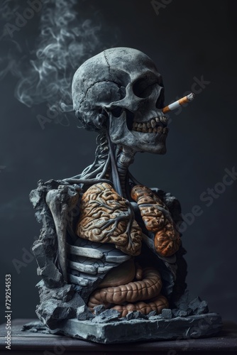 A human skeleton smoking a cigarette. Smoking kills