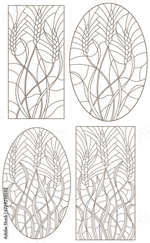 Set of contour illustrations of stained glass with wheat germ, oval and rectangular image, dark contours on a white background