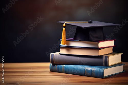 Graduation hat and stack of study books. Concept of education and graduation.