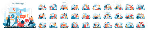 Marketing 5.0 set. A collection showcasing modern marketing strategies, consumer engagement, and digital advertising trends. A glimpse into futuristic promotion and communication. Vector illustration.
