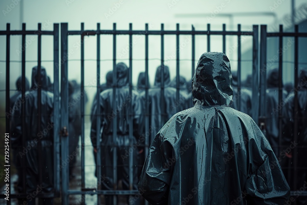 Naklejka premium gesture of humanity before the men who emigrate, wearing raincoats in the rain