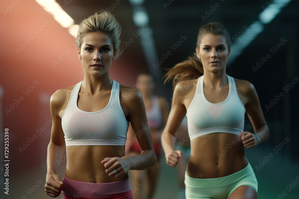 Two athletic fit women running on a race track through a tunnel.