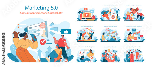 Marketing 5.0 set. Modern strategies in digital advertising, content creation, and customer engagement. Diverse team collaboration for sustainable growth. Vector illustration.