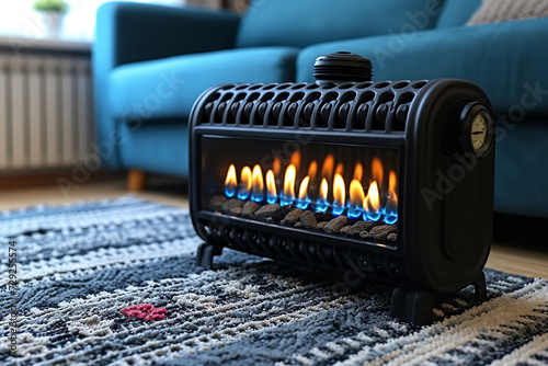 Small gas heater in the room. Gas boiler flame close-up. Small pilot flame for gas oven. Constant blue flame to ignite the main burners behind the safety grill. Fantasy. Humor. Copy space photo
