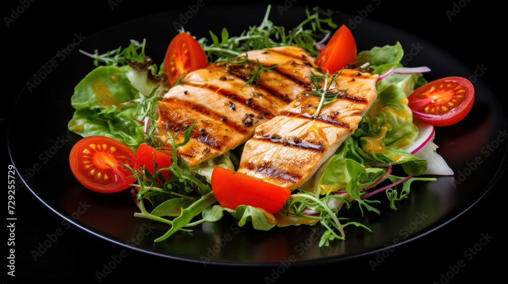 Grilled chicken breast, fillet and fresh vegetable salad of lettuce, arugula, spinach, cucumber and tomato. Healthy lunch menu. Top view. Grilled chicken breast, fillet and fresh vegetable salad of lettuce, arugula, spinach, cucumber and tomato. Healthy lunch menu. Top view.