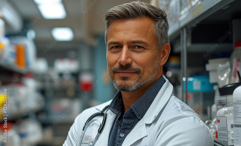 The pharmacist is here. Cropped shot of an attractive mature male pharmacist working in a pharmacy. Pharmacy, medicine. Healthcare. Boxes with medicines, pills or goods in a store. Copy space The pharmacist is here. Cropped shot of an attractive mature male pharmacist working in a pharmacy. Pharmacy, medicine. Healthcare. Boxes with medicines, pills or goods in a store. Copy space