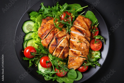 Grilled chicken breast, fillet and fresh vegetable salad of lettuce, arugula, spinach, cucumber and tomato. Healthy lunch menu. Top view.