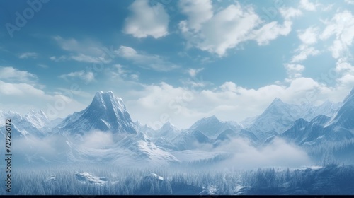 Majestic snow-capped peaks piercing the azure sky, with pine forests blanketing the foothills. Generative AI