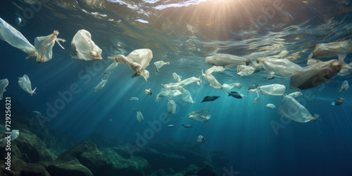 Plastic bags polluting the oceans and endangering marine life. © Wararat