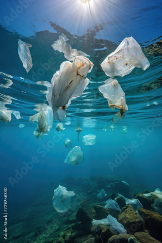 Plastic bags polluting the oceans and endangering marine life.