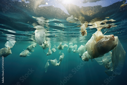 Plastic bags polluting the oceans and endangering marine life. © Wararat