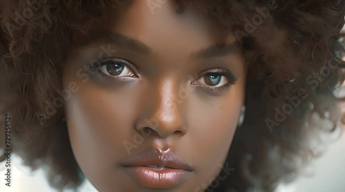 Close-up of a beautiful ebony model with brown eyes and curly brown hair