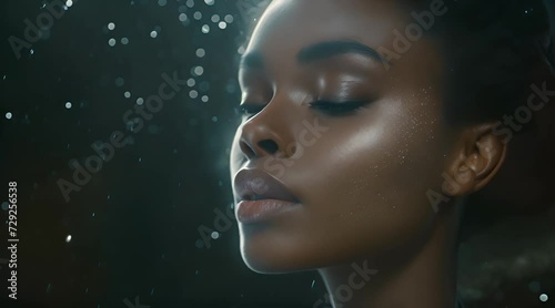 Close-up of a beautiful ebony model with glimmering makeup as she closes her eyes photo