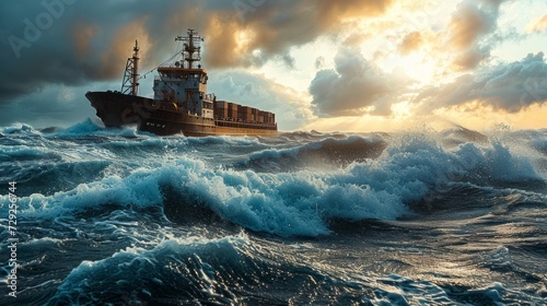 Massive cargo ship on the open sea, towering containers, stormy weather, dramatic waves, detailed photorealistic depiction Generative AI