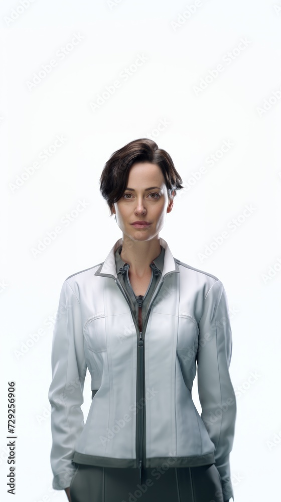 Middle-aged female scientist in a lab, wearing protective gear, subtle smile, in full stature against a white background Generative AI Middle-aged female scientist in a lab, wearing protective gear, subtle smile, in full stature against a white background Generative AI