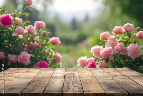 An empty rough table outside on the background of a blooming pink peony garden. display of your product. © MaskaRad
