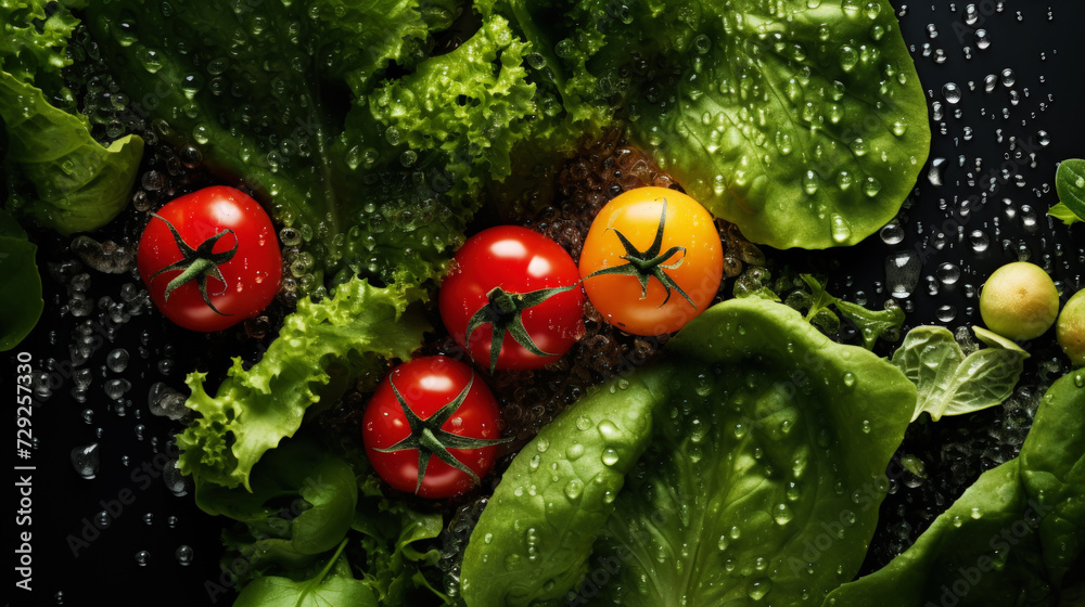Fresh organic vegetables and greens background. Healthy Mediterranean diet. Holistic nutrition concept. Generative AI Fresh organic vegetables and greens background. Healthy Mediterranean diet. Holistic nutrition concept. Generative AI
